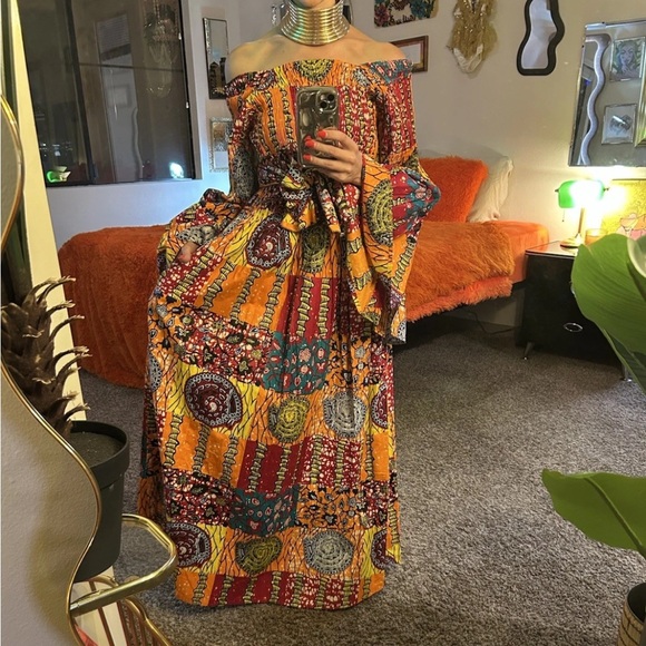 VTG African Star Bohemian Maxi Dress Off The Shoulder Oversized Flared Sleeve OS - Picture 10 of 15